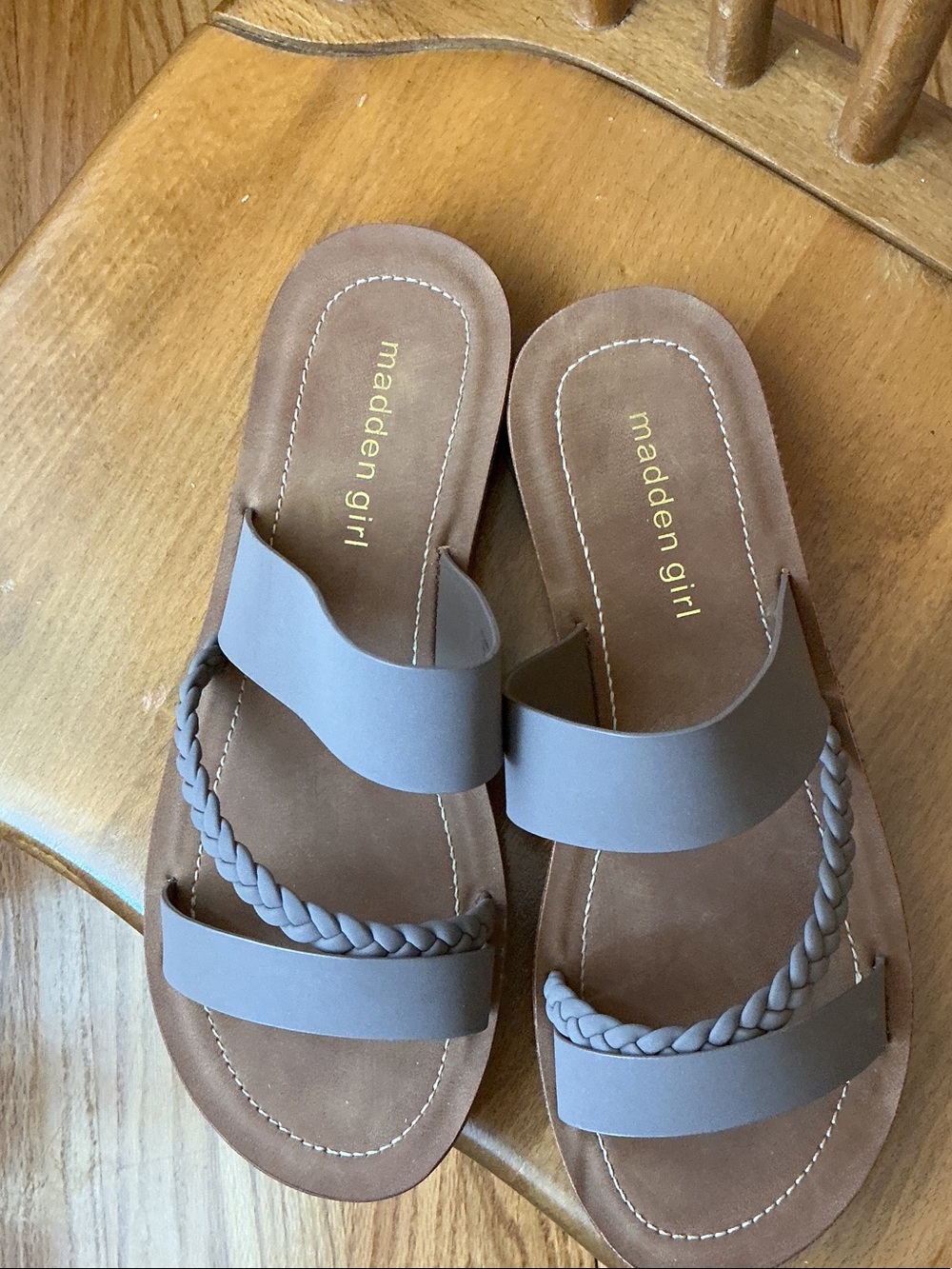 Madden Girl Taupe Braided-Accent Slide Sandals
